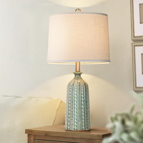 JUNNAI Green Ceramic Table Lamp 24.5": 3-Way Dimmable Nightstand Lamp with White Drum Lamp Shade | Modern Bedside Lamp for Bedrooms & Living Room (Bulb Included) - color: Blue Green