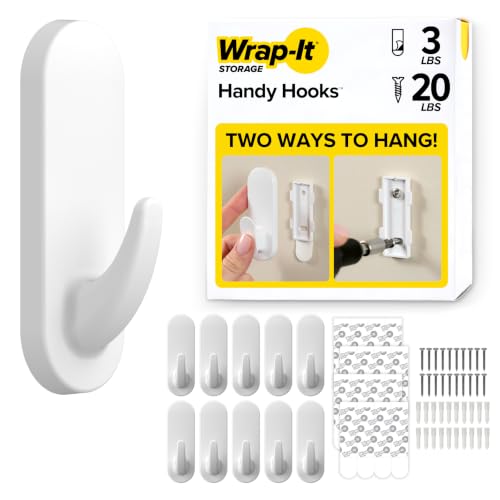 Wrap-It Storage Handy Hooks - The Fin Medium 10 Pack (White) | Dual Option Wall Mount or Removable Adhesive Hooks - Dorm Room Essentials, Hand Towel Holder, Hat Rack for Wall, Door Hanger - color: White, size: Medium 10-Pack