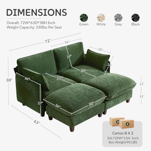 Ihanherry 72" Loveseat Sofa, Cloud Couch with Oversized Large Cushions & Movable Ottoman, Chenille Deep Seat Couch for Living Room, Green - color: Green, size: 72'' Loveseat
