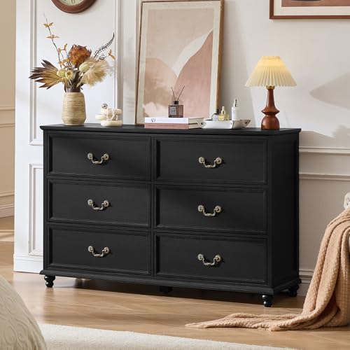 Joaxswe Farmhouse 6 Drawers Dresser for Bedroom, Vintage 54" Wide Chest of Drawers w/ 4 Wooden Legs, Rustic Large Closet Storage Dressers Organizer for Hallway, Wood TV Stand for Living Room, Black - color: Black, size: 15.7"D x 54"W x 34.6"H (6 Drawers)