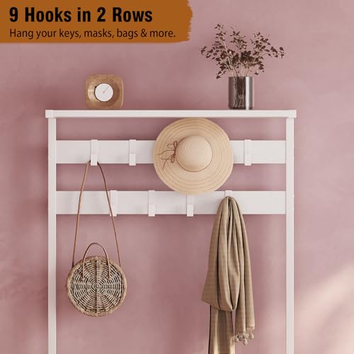 GiftGo Modern White Large 5-Tier Hall Tree Entryway Wooden Shoes Rack Shelf Coat Rack with Movable 9 Metal Hooks Storage Organizer for Home Office Bedroom Mudroom Living Room - color: White