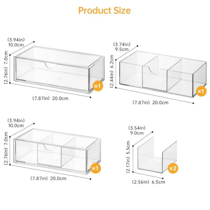 PAVSTINE Medicine Cabinet Organizer 3 Pack, Plastic Stackable Storage with 2 Drawers, Bathroom Mirror Cabinet Organizer with Removable Dividers for Wall Cabinet, Vanity, Countertop, Clear - size: 3-Tier