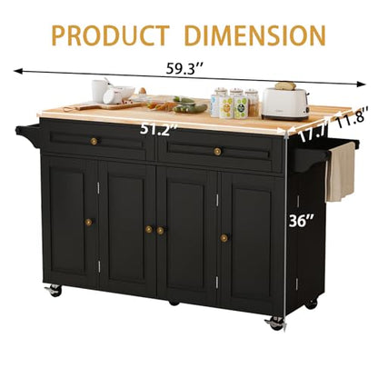 59 Kitchen Island Cart with Drop Leaf Breakfast Bar, Rolling Mobile Kitchen Island Table on Wheels with Storage Cabinet, Drawer, Spice/Towel Rack, Black - size: 59 Inch