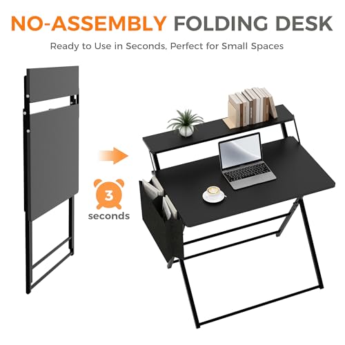 Small Desk No Assembly,31.5Inch 2-Tier Compact Computer Desk with Shelf & Side Pocket,Space Saving Foldable Table for Home Office, Bedroom or Apartment,Portable Collapsible Sturdy Laptop Desk,Black - color: Black