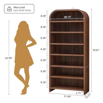 LEVNARY 70" Tall Arched Bookcase, 7-Tier Freestanding Storage Cabinet with Adjustable Shelves, Thick MDF Bookshelf for Bathroom Living Room Bedroom (Walnut) - color: Walnut