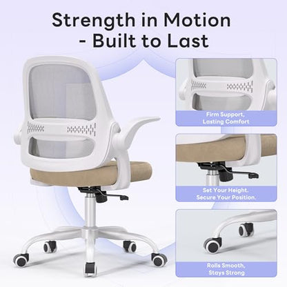 amseatec Ergonomic Mesh Desk Chair with Flip-Up Arms, Supports 300 lbs | Aerospace-grade frame, Mesh & 3" foam seat. 90-110° rocking, height adjustable, 360° swivel. - color: Beige