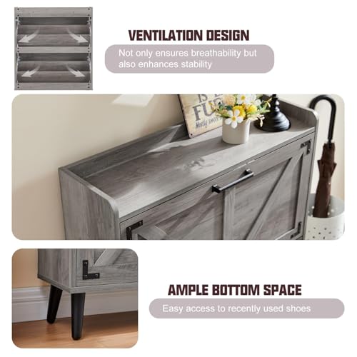Barnyatoh Shoe Storage Cabinet with 2 Flip Drawers,Hidden Shoe Organizer | Farmhouse Freestanding Narrow Slim Shoes Rack Cabinet with Adjustable Shelves for Entryway Hallway,Washed Gray - color: Washed Gray
