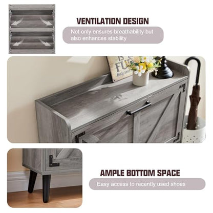 Barnyatoh Shoe Storage Cabinet with 2 Flip Drawers,Hidden Shoe Organizer | Farmhouse Freestanding Narrow Slim Shoes Rack Cabinet with Adjustable Shelves for Entryway Hallway,Washed Gray - color: Washed Gray