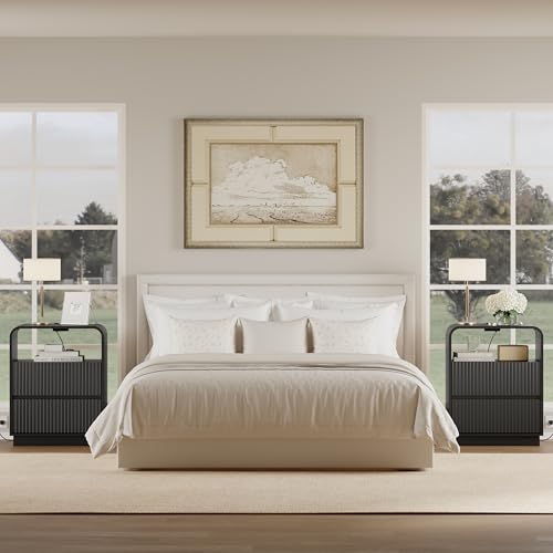 Black Nightstands Set of 2 with Charging Station, Mid Century Modern End Tables & Bedside Tables, Fluted Wood Small Night Stands with 2 Hidden Drawers and Storage Shelf for Bedroom - color: Black, style: 2 Drawers-2 PCS
