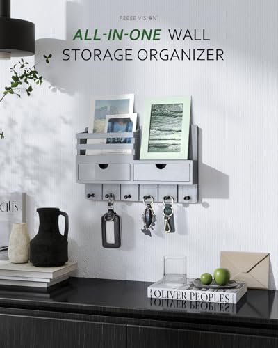 Rebee Vision Key Holder Wall Mount with 2 Drawers for Home Decor, Gray | Stylish Mail Holder for Wall, Drawer Organizer, 6 Key Hooks, Plant Display, Modern Apartment Essentials, Aesthetic Room Decor - color: Gray