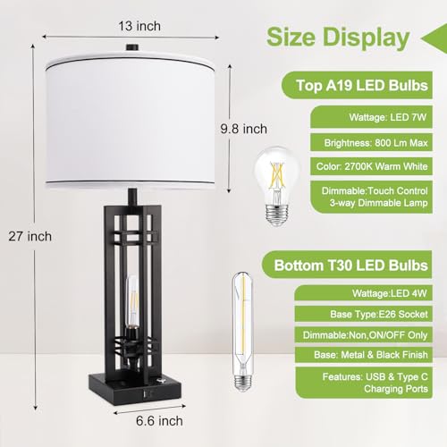 Set of 2 Farmhouse Table Lamps for Living Room,27-inch Bedside Lamps | White Shade Desk Lamps with USB A+C Ports, 3-Level Dimmable Touch Light, 4 LED Bulbs Included, Bedroom Home Office Nightstand - color: White