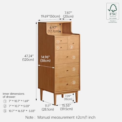 100% Solid Wood Nightstand, 6 Drawer Natural Side Table with Open Shelve, Tall Nightstand for Small Spaces, Living Room, Bedroom, Hallway(Natural, 19" W x 15" D x 47" H) - color: Natural, size: 47" H