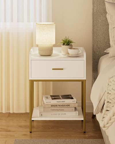 Masupu Nightstand,3-Tier Modern Bedside Night Stand with Storage Drawer and Shelf,Small End Side Table for Bedroom,Living Room,White (Without Outlet, White) - color: White Without Outlet