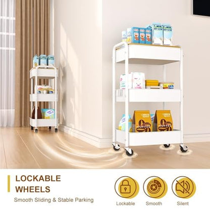 3 Tier Metal Utility Cart, Rolling Storage Cart with Wooden Tabletop, Metal Organizer Cart with Lockable Wheels for Office, Bedroom, Kitchen and Living Room (White) - color: White