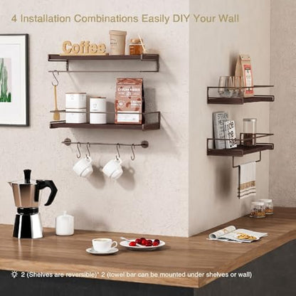 Forbena Dark Brown Kitchen Shelves Wall Mounted Set of 2, Walnut Brown Floating Kitchen Wall Shelves with Rail, Hanging Shelves for Kitchen Wall Coffee Bar (Wooden Pine Wood) - color: 8. Dark Brown