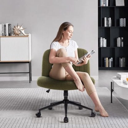 IWMH Criss Cross Office Chair with Wheels Cross Legged Desk Chair Armless | Green Computer Chair Vanity Chair Wide Seat Swivel Task Chair for Home Office Bedroom Make Up Small Space Height Adjustable - color: Teddy Green With Wheels