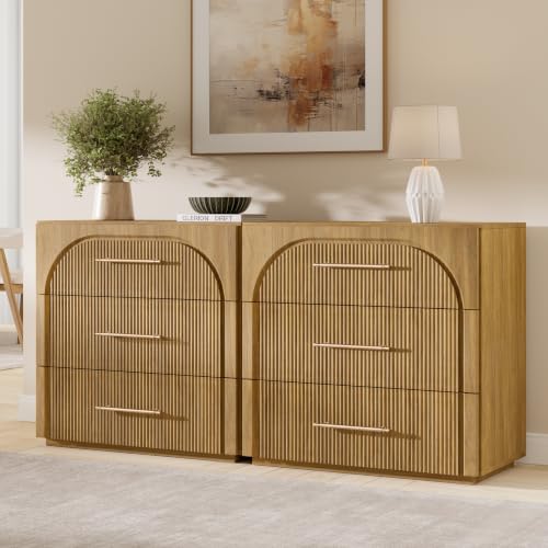 Buffet Cabinet with 3 Storage Drawers, 94.5'' Wide Mid-Century Modular Sideboard Storage Cabinet, Wooden Arched Credenza Cabinet for Kitchen, Coffee Bar, Living Room, Entryway, Natural Oak - color: Oak-drawers