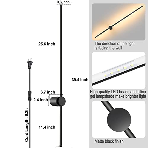 GOODATE Wall Sconces Set of Two with Remote, Stepless Colors 3000K-6500K & Stepless Dimming, Hardwire or Plug-in, 180° Rotate, LED Black Plug in Wall Sconces with Timer & Night Light, 39.4 Inches - color: Black, Stepless Color Temperature: 3000K-6500K, si