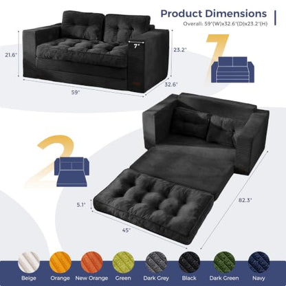 MAXYOYO Folding Sofa Bed, Convertible Sleeper Loveseat with Pillows | 2-Person Fold-Out Loveseat, Convertible Sleeper Bed with Supportive Pillows for Relaxing or Overnight Guests, Black - color: Black