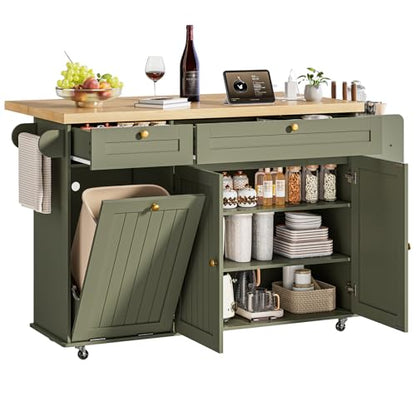 60" Kitchen Island with Power Outlet & Drop Leaf, Rolling Island with Spice Rack & Towel Rack, Kitchen Island Cart with Trash Storage Cabinet, Island Table for Kitchen, Green - color: Green