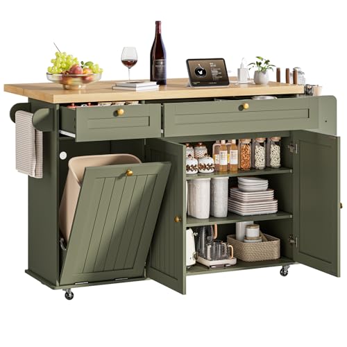 60" Kitchen Island with Power Outlet & Drop Leaf, Rolling Island with Spice Rack & Towel Rack, Kitchen Island Cart with Trash Storage Cabinet, Island Table for Kitchen, Green - color: Green