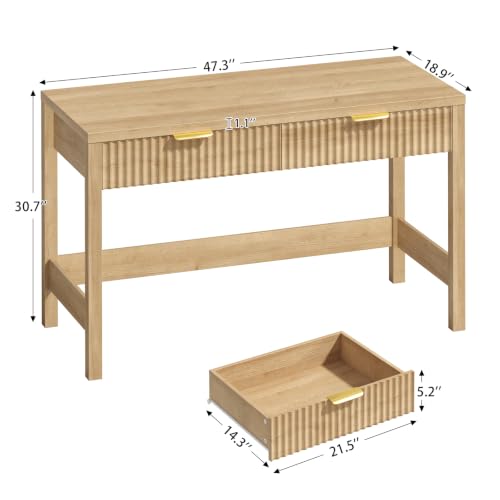 47 Inch Small Fluted Computer Desk with 2 Drawers for Bedroom, Home Office | Small Computer Desk with Storage, Compact Writing Study Desk for Small Spaces, Oak - color: Oak, size: 47-Inch Desk
