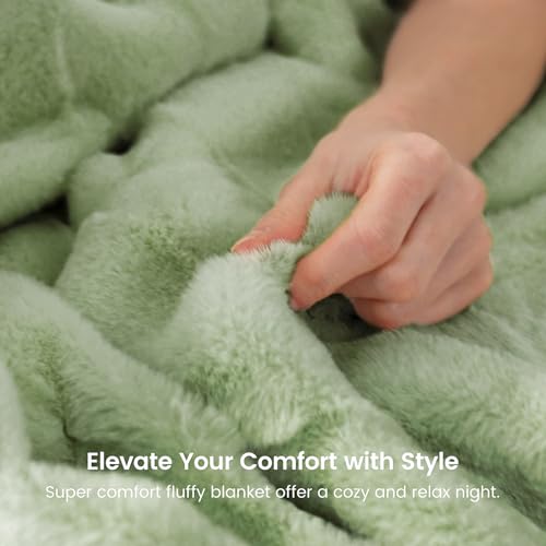 Cozy Bliss Fluffy Faux Fur Blanket Queen Size for Bed, Fuzzy Soft Striped Plush Blanket, Thick Throw for Bedroom Couch Gift, 90x90 Inches Sage Green - color: Sage Green, size: Queen(90" x 90")