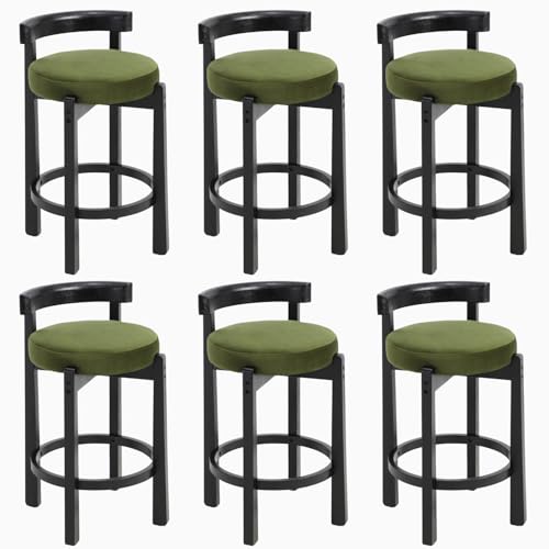 HEAH-YO Mid Century Modern Bar Stools Set of 6, 26.5" Counter Stools with Low Back, Velvet Upholstered Barstools with Black Wood Legs Bar Chairs for Kitchen Island Dining Room, Green - color: 26.5" Green Velvet Black Wood, size: Counter Height - Set of 6