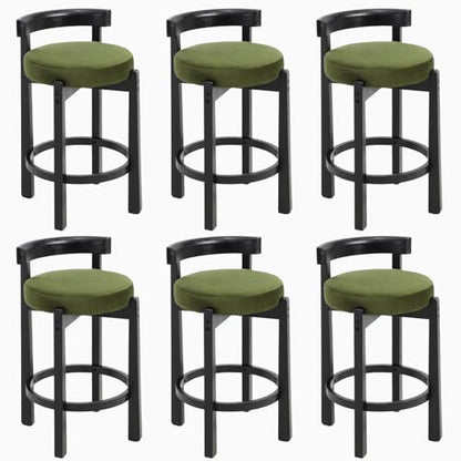 HEAH-YO Mid Century Modern Bar Stools Set of 6, 26.5" Counter Stools with Low Back, Velvet Upholstered Barstools with Black Wood Legs Bar Chairs for Kitchen Island Dining Room, Green - color: 26.5" Green Velvet Black Wood, size: Counter Height - Set of 6