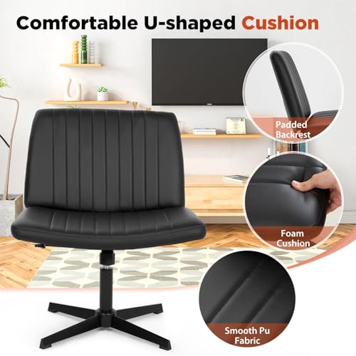 Criss Cross Chair, Armless Cross Legged Office Chair, Comfortable Vanity Chair with Back, Fabric Adjustable Wide Swivel Criss Cross Desk Chair for Home Office, Black - color: Black