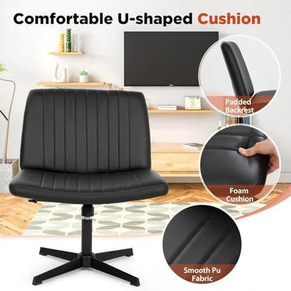 Criss Cross Chair, Armless Cross Legged Office Chair, Comfortable Vanity Chair with Back, Fabric Adjustable Wide Swivel Criss Cross Desk Chair for Home Office, Black - color: Black