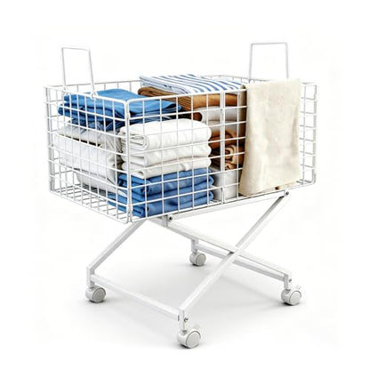 Rolling Laundry Basket with Wheels, 27" Elevated 80L Cart White | Durable metal cart with 360° swivel wheels glides smoothly, while the 27" elevated design reduces bending