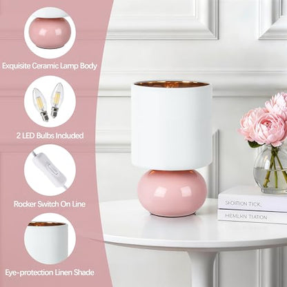Hamucd Ceramic Table Lamps Set of 2, Modern Classic Bedside Lamps for Nightstand, Small Table Lamp for Bedroom Living Room Desk End Table (Pink) - color: Pink