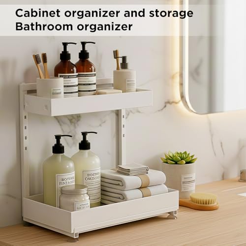 Under Sink Organizer Bathroom Kitchen: 2 Pack 2 Tier Metal Under Cabinet Storage with Height-adjustable Shelf and Pull out Rack for Pantry Vanity Cupboard Counter Countertop, White