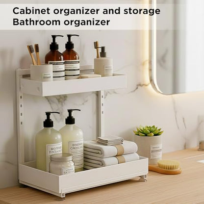 Under Sink Organizer Bathroom Kitchen: 2 Pack 2 Tier Metal Under Cabinet Storage with Height-adjustable Shelf and Pull out Rack for Pantry Vanity Cupboard Counter Countertop, White