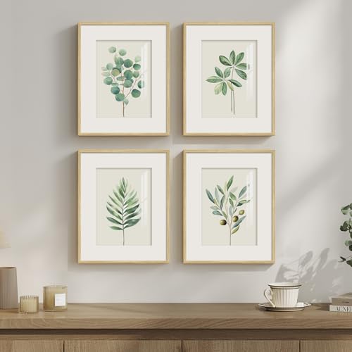 Framed Minimalist Sage Green Botanical Kitchen Wall art, 4 Piece 8x10 In | Green leaf plant pictures, Boho modern farmhouse wall decor, Plexiglass with mat prints, Bedroom bathroom hallway decor - color: Green and White, size: 8" W x 10" H x 4 pcs