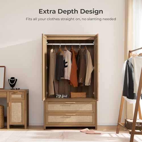 SICOTAS Rattan Armoire Wardrobe Closet : 71 inch Wardrobe with Drawers | Farmhouse Boho Storage Cabinet with Hanging Rod, Large-Capacity Deep Armoire Clothes Organizer for Bedroom, Cloak Room