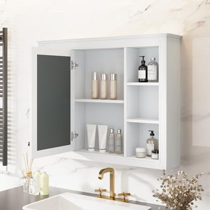 Wall Mounted Medicine Cabinet, Bathroom Storage Cabinet with Mirror Door and 6 Adjustable Open Shelf (7.3" D x 35" W x 27.5" H) (White) - color: White