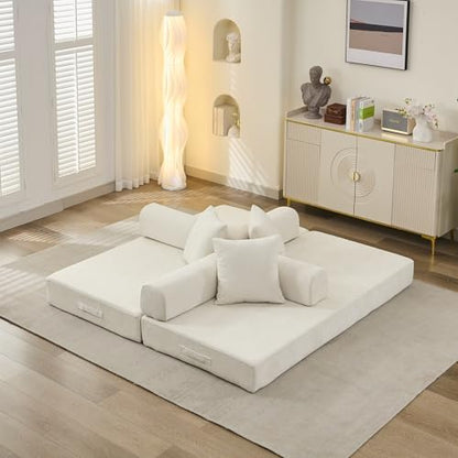 Convertible Folding Sofa Bed Modular Floor Couch, 78.8‘’ Cloud Sleeper Sofa with Removable Backrest, Chenille Foldable Mattress Couch, Lazy Loveseat for Small Space, Apartment, Bedroom, Beige - color: #3-beige