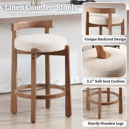 HEAH-YO Bar Stool, 26" Linen Fabric Upholstered Counter Height Bar Stools, Modern Barstool Counter Stools with Wood Legs for Kitchen Island Dining Room Bar, Beige - color: 26.5" Beige Linen, size: Counter Height - Set of 1