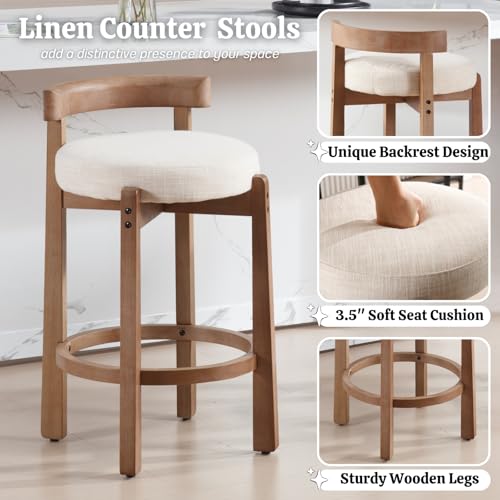 HEAH-YO Mid Century Modern Bar Stools Set of 6, 26.5" Counter Stools with Back, Linen Upholstered Barstools with Solid Wood Legs Bar Chairs for Kitchen Island Dining Room, Beige - color: 26.5" Beige Linen, size: Counter Height - Set of 6