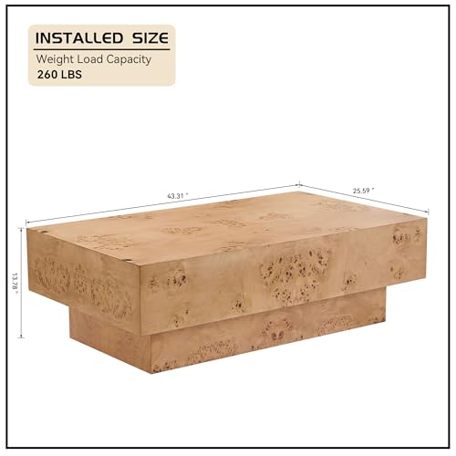 43.31" Rectangle Coffee Table with Burl Wood Veneer & Sturdy Base, Modern Luxury Wood Drum Center Table End Table Accent Side Table for Living Room, Minimalist Fluted Design, Oak - color: 43.31" Rectangle Style 2, Burl Wood Veneer