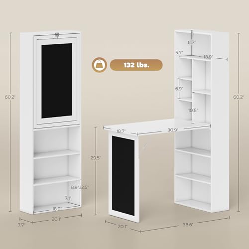 HOMCOM Foldable Convertible Writing Table Space-Saving Computer Desk White | Wall Mounted Design, Chalkboard, Storage Shelves, for Small Spaces, Home Office, Bedroom, Dorm, Apartment - color: White