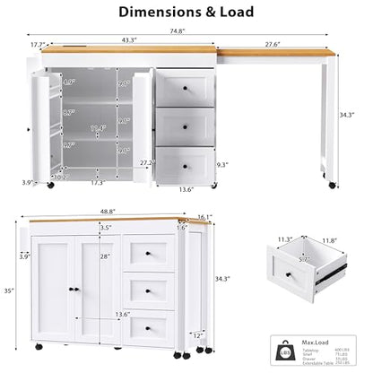 Kitchen Island, Extendable Dining Table with Power Outlet | Extendable dining table expands from prep station to dining table, seats up to 2 extra guests, saves space when closed - color: White2