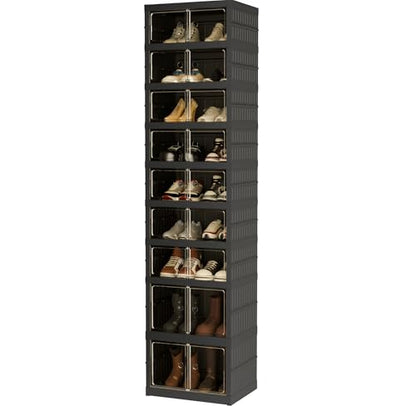 Foldable Shoe Organizer Storage Box, Portable Extra Large Folding Shoe Rack for Closet, Shoe Storage Box with Magnetic Transparent Door and Wheels, 9 Layers 18 Grids with 4 Big Grids - size: Black 9 Layers-C