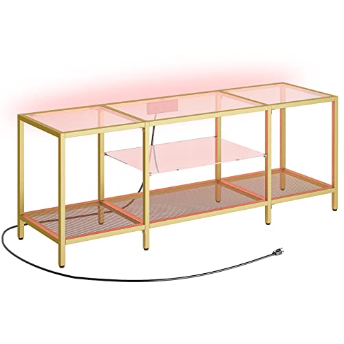HOOBRO TV Stand with LED Lights and Power Outlets for TVs up to 65", Modern 55 Inch Tempered Glass TV Console Table with Open Shelves, Media Entertainment Center for Living Room, Gold GD145UDS01 - size: 55 Inch