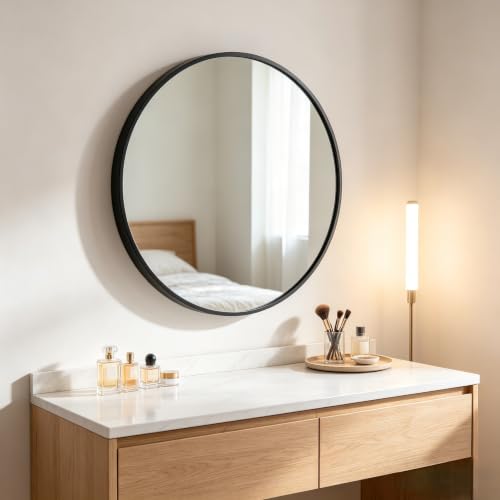 ZENY 18 Inch Round Wall Mirror, Black Frame Bathroom Mirror for Wall, Large Circle Vanity Mirror Wall Mounted - size: 18"L x 18"W