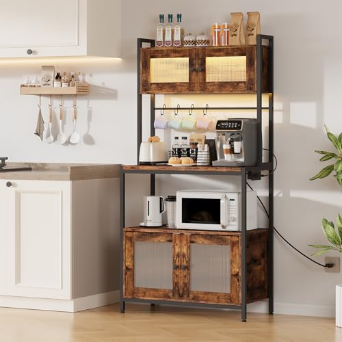 HOOBRO Bakers Rack with Storage Cabinet, 5-Tier Coffee Bar with Power Outlet and LED Lights, Industrial Microwave Oven Stand with Shelves, Kitchen Storage Shelf, Rustic Brown and Black BF13UDHB01 - color: Rustic Brown + Black
