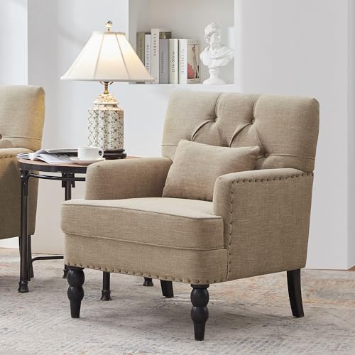 HUIMO Accent Chair, Tufted Upholstered Club Chair, Brown | Tufted upholstered club chair with lumbar pillow and solid wood legs. Suitable for living rooms, bedrooms, and reading nooks. - color: Light Brown