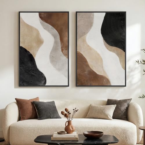 Large Framed Neutral Abstract Wall Art Set of 2 for Living Room, Brown Black White Minimalist Print Canvas Artwork for Walls, Contemporary Mid Century Modern Wall Decor for Bedroom Office, 24x36 In - color: Brown White Black, size: 24" W x 36" H x 2Pcs